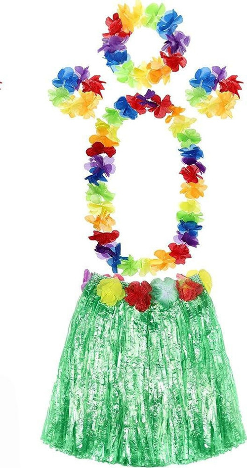 YETIŞKIN VE ÇOCUK UYUMLU LUAU ALOHA HAWAII YEŞIL ETEK VE RENKLI KOLYE TAÇ 2 ADET BILEKLIK SETI
