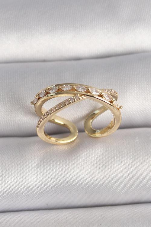 Pirinç Gold Renk Zirkon Taşlı Ayarlanabilir Kadın Yüzük