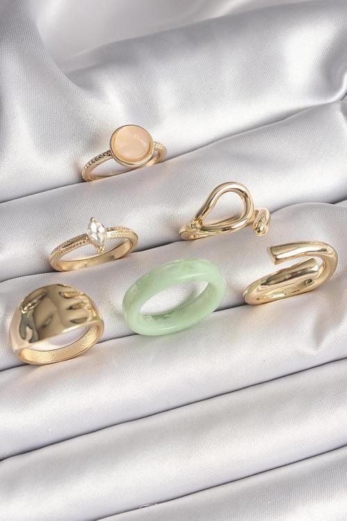 Pirinç Gold Renk Zirkon Taşlı Daire Pembe Mineli Detay 6 Lı Kadın Yüzük Seti
