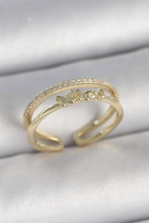 Pirinç Gold Renk 2 Li Sıra Zirkon Taş Detaylı Kelebek Figürlü Ayarlanabilir Model Kadın Yüzük