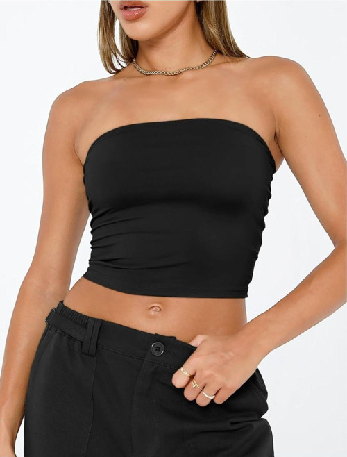 Siyah Straplez Bandeau Süprem Crop Body Bluz