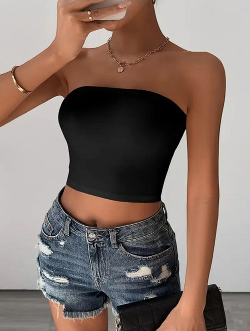Siyah Straplez Bandeau Süprem Crop Body Bluz