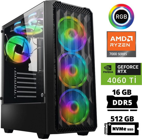 Delux X33 Ryzen 5 7500F 16GB DDR5 Ram 512GB M.2 NVMe SSD 8GB RTX4060 Ti Masaüstü Oyuncu Bilgisayarı
