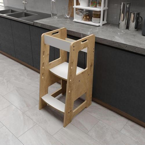 %100 Mdf Öğrenme Kulesi Yükseklik Ayarlı Meşe-Beyaz (3 Renk Seçeneği - 18Mm)