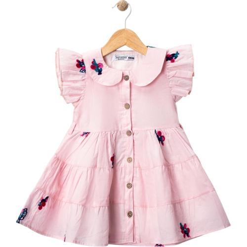 BEBE YAKA NAKIŞLI ÇİÇEKLİ ELBİSE Pembe