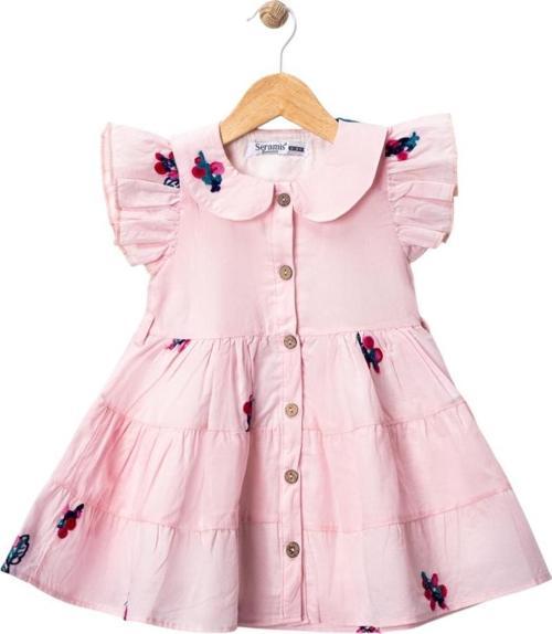 BEBE YAKA NAKIŞLI ÇİÇEKLİ ELBİSE Pembe