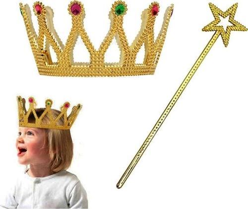 Nessiworld Çocuk Boy Kraliçe Prenses Tacı ve Yıldız Peri Asası Altın Renk