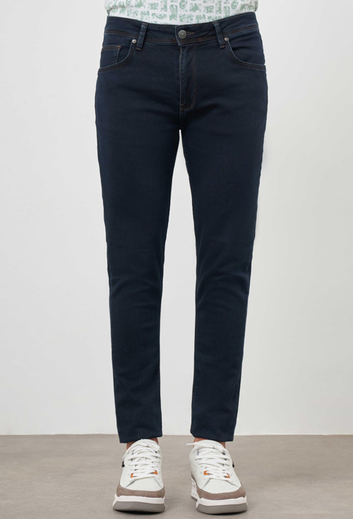 Erkek Lacivert - Kahve Denim 5 Cep Slim Fit Jean Kot Pantolon