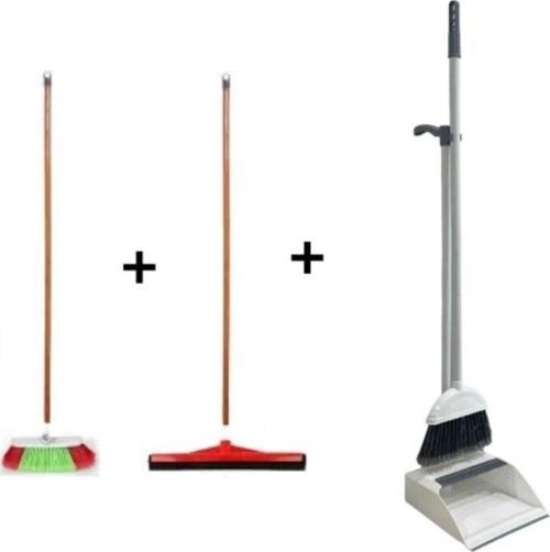 3 Lü Temizlik Seti Ahşap Saplı Fırça Çekpas Çekçek Lux Katlanabilir Faraş