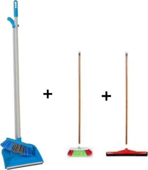 3 Lü Temizlik Seti Ahşap Saplı Fırça Çekpas Çekçek Lux Katlanabilir Faraş