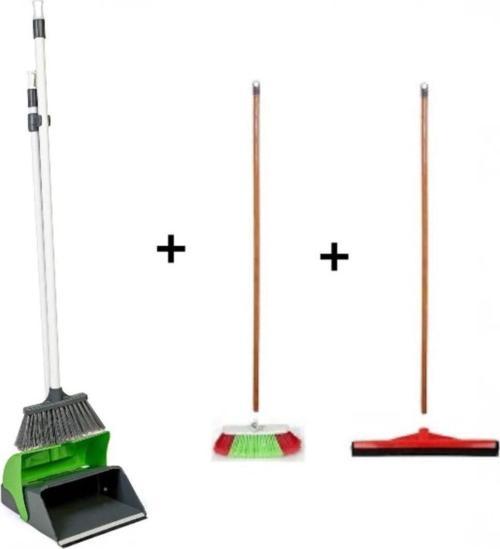 3 Lü Temizlik Seti Ahşap Saplı Fırça Çekpas Çekçek Lux Katlanabilir Faraş