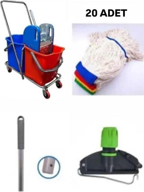 Çift Kovalı Krom Temizlik Arabası Paspas Arabası Sap Mop Aparat (Çelik Pressli)