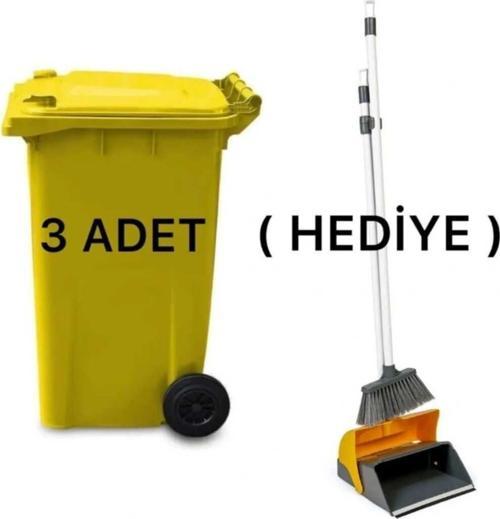 3 Adet Sarı Plastik Çöp Konteyneri 240 Lt Isıya Karşı Dayanıklı Faraş Hediyeli
