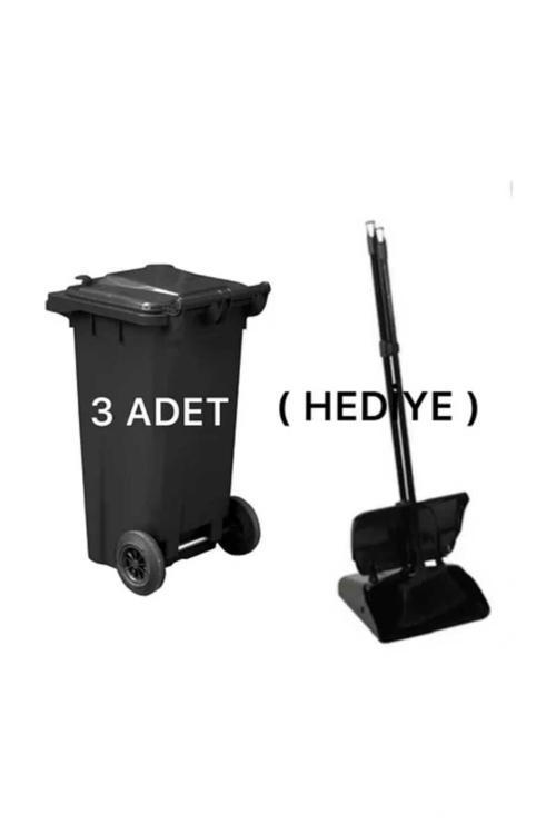3 Adet Siyah Plastik Çöp Konteyneri 120 Lt Isıya Karşı Dayanıklı Kapaklı Faras Hediyeli