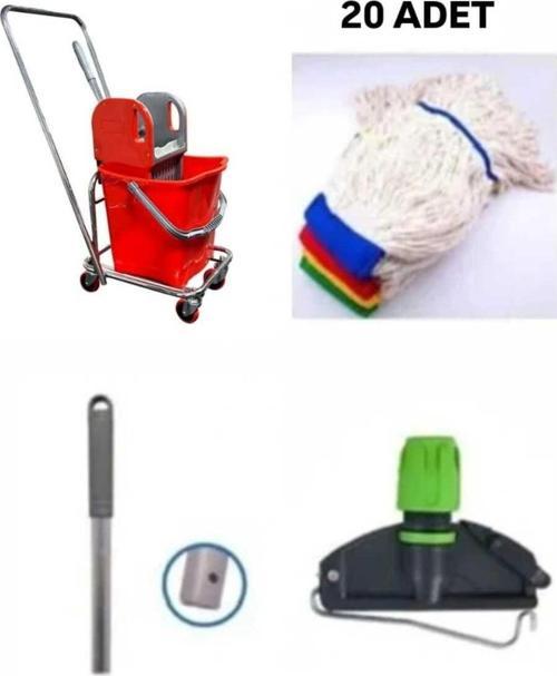 Tek Kovalı Krom Paspas Arabası Ve Temizlik Arabası Temizlik Seti Plastik + Mop Seti 20 Adet