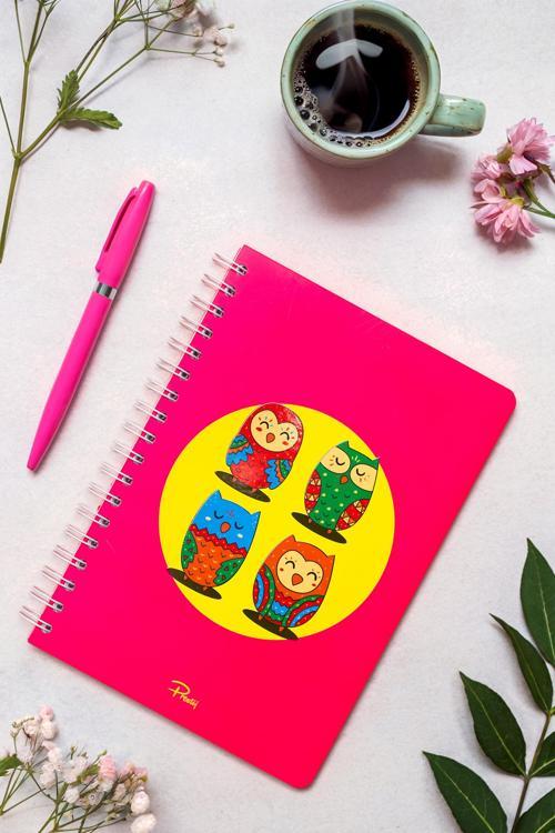Owls Neon Pembe Kareli Defter 17x24