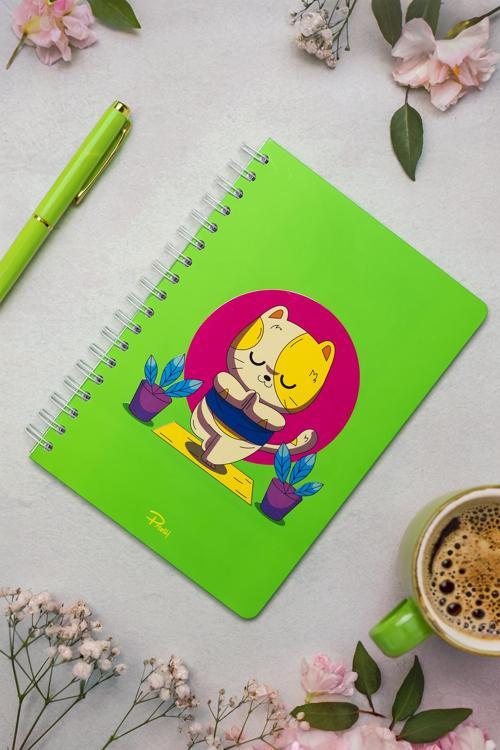 Meditation Cat Neon Yeşil Kareli Defter 17x24