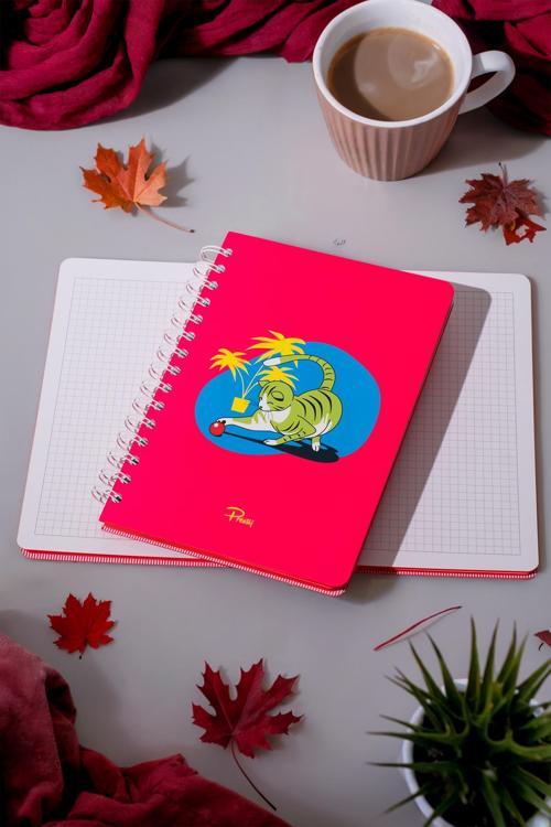 Cute Cat Neon Pembe Spiralli Kareli Defter