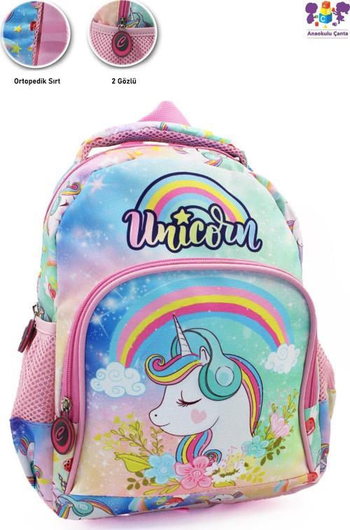 2 Gözlü Unicorn Anaokulu Çantası - Kız Çocuk Çanta Kreş Çantası - Gökkuşağı Unicorn Çanta