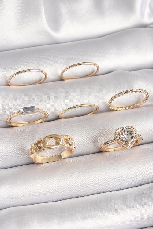 Pirinç Gold Renk Zirkon Taşlı Kalp Figür Düğüm Detay Kadın Yüzük Kombini