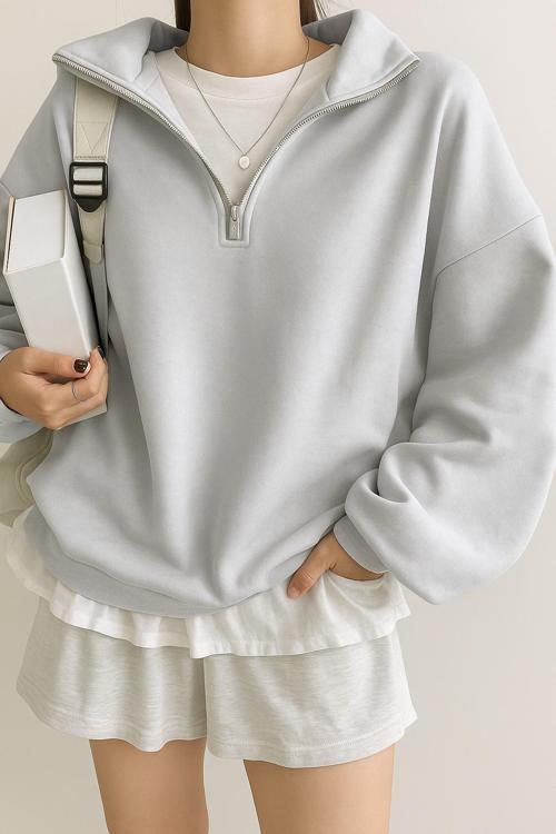 Kadın Pamuklu Oversize Silver Yarım Fermuarlı Sweatshirt
