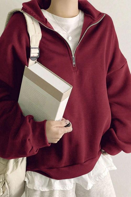Kadın Pamuklu Oversize Silver Yarım Fermuarlı Sweatshirt