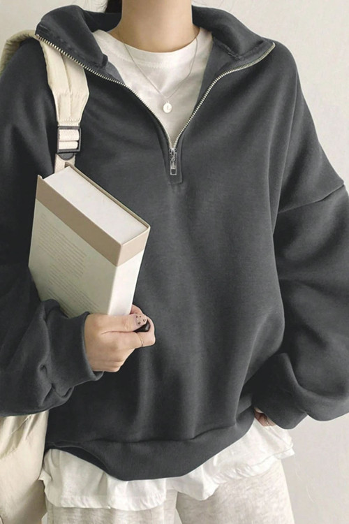 Kadın Pamuklu Oversize Silver Yarım Fermuarlı Sweatshirt