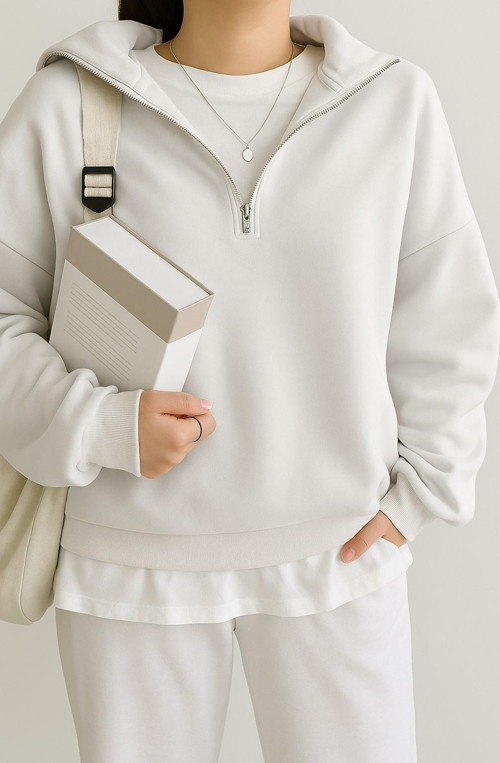 Kadın Pamuklu Oversize Silver Yarım Fermuarlı Sweatshirt