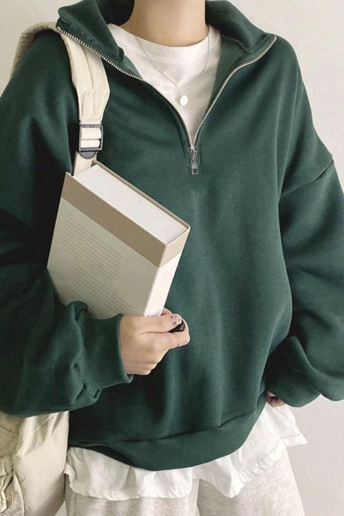 Kadın Pamuklu Oversize Silver Yarım Fermuarlı Sweatshirt