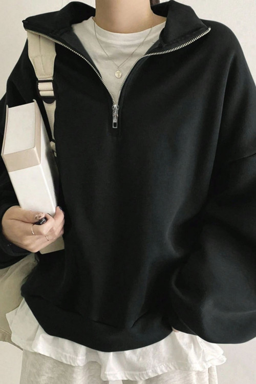 Kadın Pamuklu Oversize Silver Yarım Fermuarlı Sweatshirt