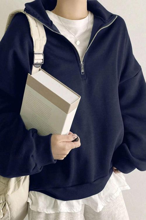 Kadın Pamuklu Oversize Silver Yarım Fermuarlı Sweatshirt