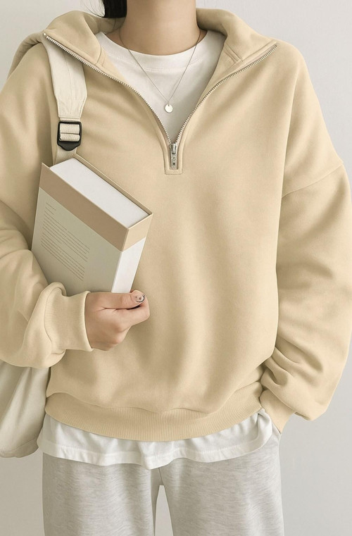 Kadın Pamuklu Oversize Silver Yarım Fermuarlı Sweatshirt