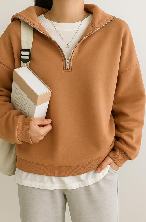 Kadın Pamuklu Oversize Silver Yarım Fermuarlı Sweatshirt