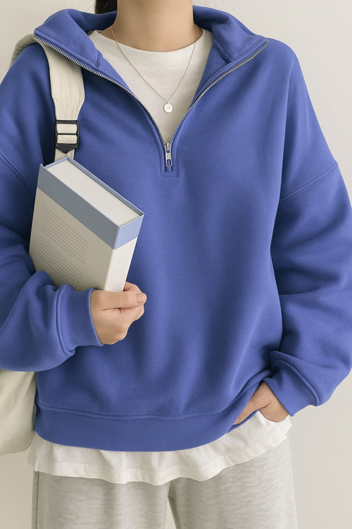Kadın Pamuklu Oversize Silver Yarım Fermuarlı Sweatshirt