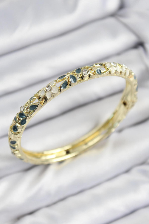 Mineli Pirinç Zirkon Taşlı Yeşil Krem Çiçek Motifli Gold Kadın Kelepçe 00097