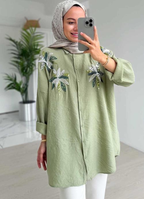 Boncuk İşleme Rahat Kesim Gömlek - Yeşil