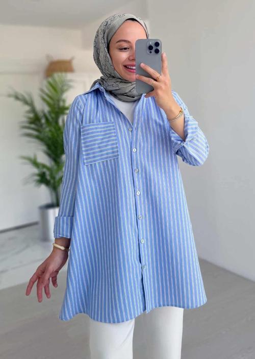 Çizgili Oversize Gömlek - Mavi