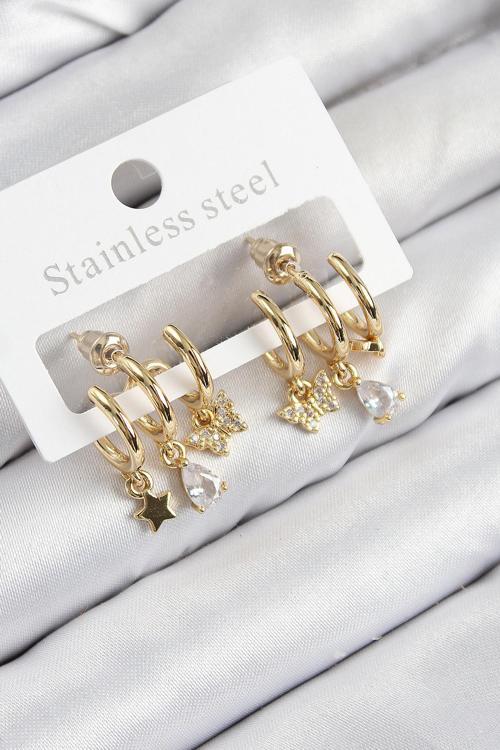 Pirinç Zirkon Taşlı Yıldız Ve Kelebek Model Gold Renk Kadın Küpe - EBJ250816W37190
