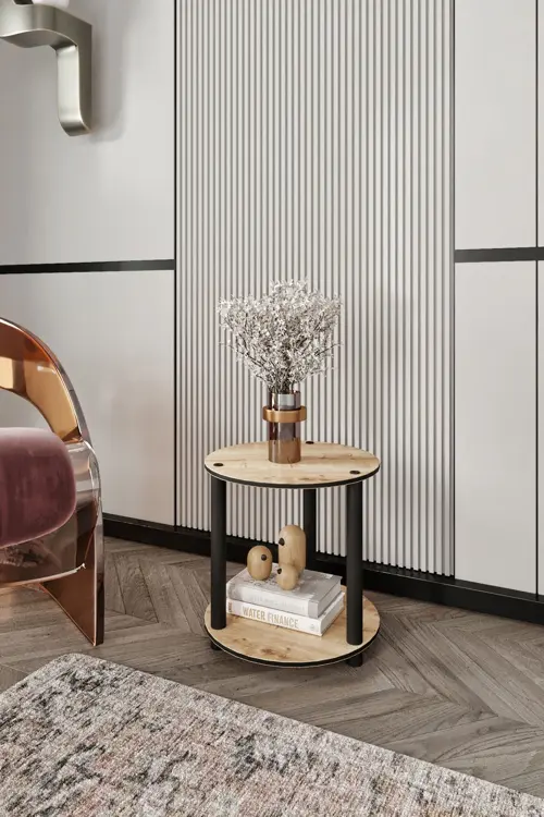 2 Katlı Dekoratif Yuvarlak Kitaplık Meşe