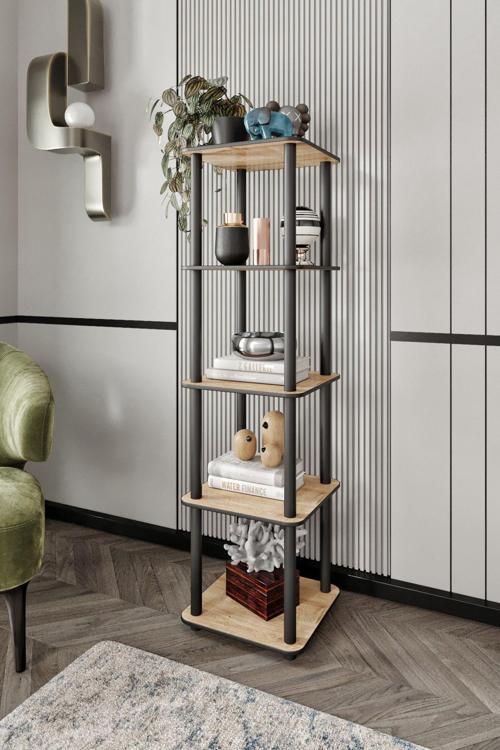 5 Katlı Dekoratif Kare Kitaplık Meşe