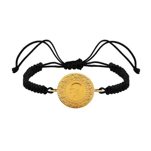 22 Ayar Çeyrek Altınlı Siyah İpli Bileklik
