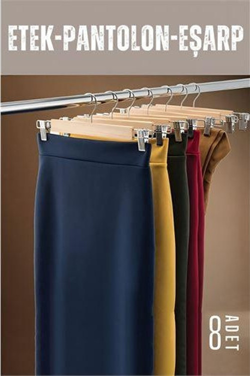 Etek Pantolon Eşarp Kıskaçlı Askı 8 Adet Ahşap