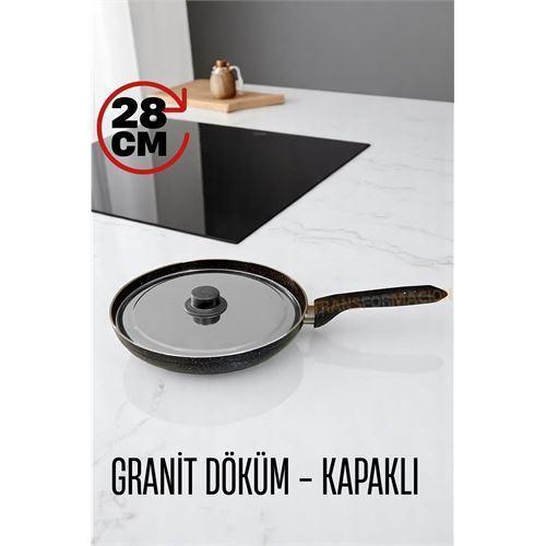 Granit Döküm Tava Paslanmaz Çelik Kapaklı -Yapışmaz Taban 28 Cm