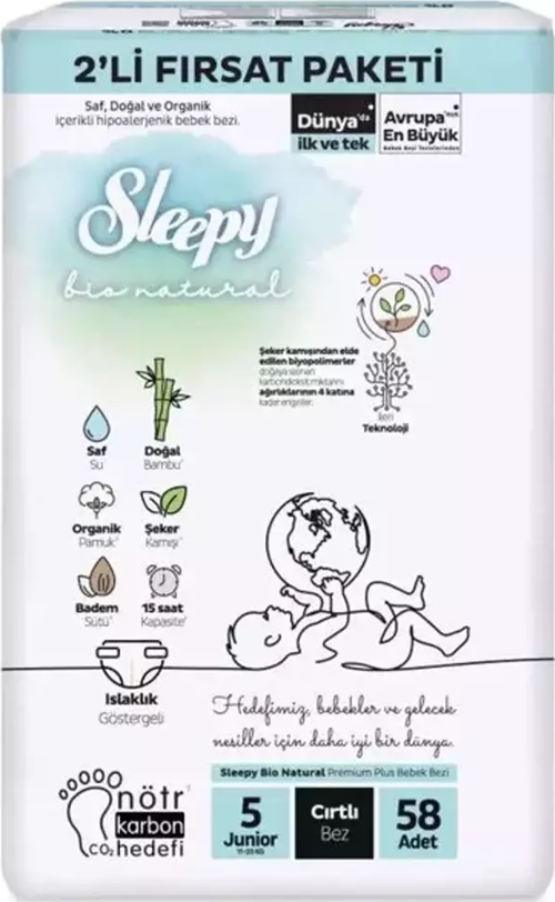 Sleepy Bio Natural Bebek Bezi 2'Li Fırsat Paketi 5 Beden 58 Adet