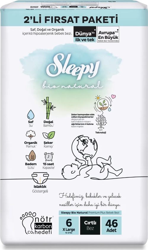 Sleepy Bio Natural Bebek Bezi 2'Li Fırsat Paketi 6 Beden 46 Adet