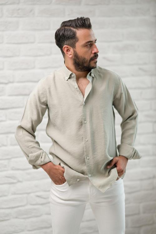 Regular Fit Yaka Düğmeli Yazlık Modal Kumaş Erkek Gömlek