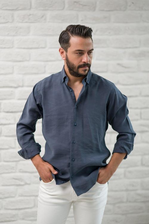 Regular Fit Yaka Düğmeli Yazlık Modal Kumaş Erkek Gömlek