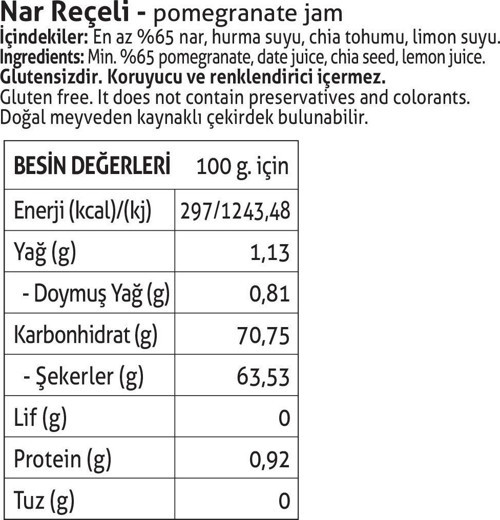 Pol’s Gurme Chia Tohumlu Şekersiz Nar Reçeli 380 Gr