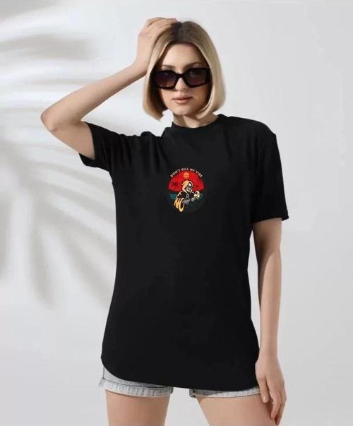 Unisex Kadın Bisiklet Yaka Baskılı T-Shirt - Siyah