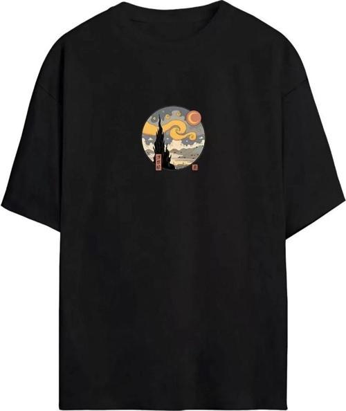 Unisex Baskılı Oversize T-Shirt - Siyah